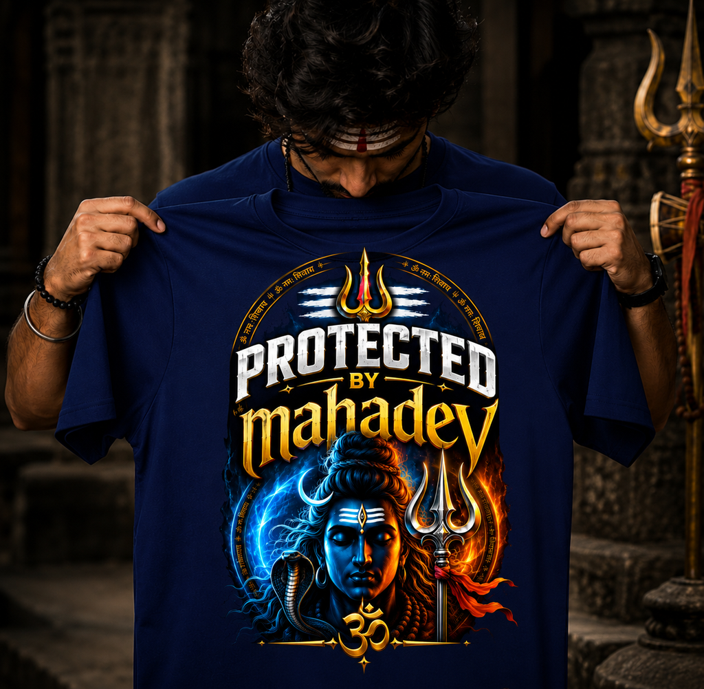Protected By Mahadev Unisex Oversized T-Shirt | 100% Cotton | Premium Graphic Printed | Round Neck | Half Sleeve | Black & Navy Blue