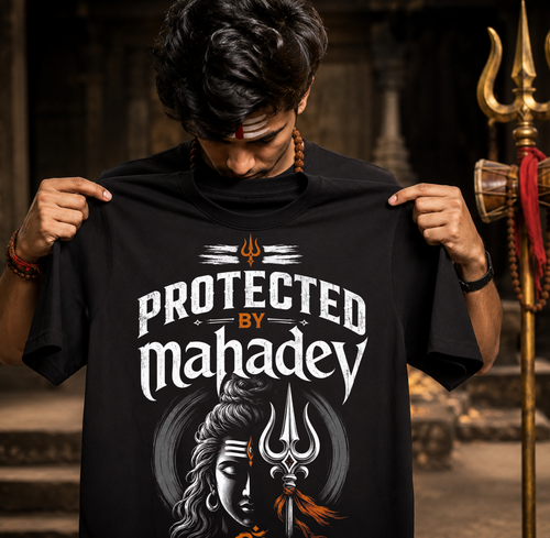 Protected By Mahadev Unisex Oversized T-Shirt | 100% Cotton | Premium Graphic Printed Round Neck Half Sleeve | Black & Navy Blue