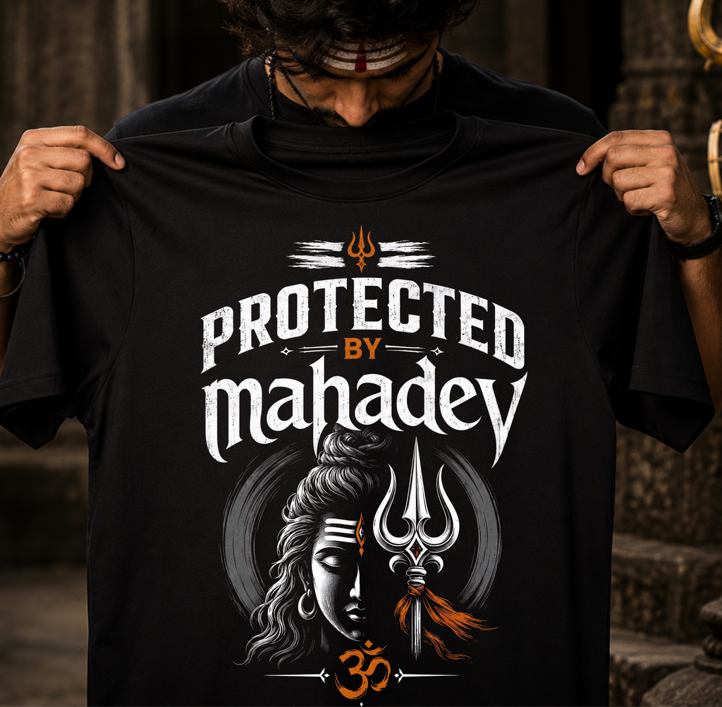 Protected By Mahadev Unisex Oversized T-Shirt | 100% Cotton | Premium Graphic Printed Round Neck Half Sleeve | Black & Navy Blue